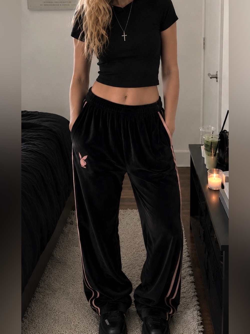 Rare Vintage PLAYBOY Black Velour Track Pants with Pink Trim - Picture 3 of 4